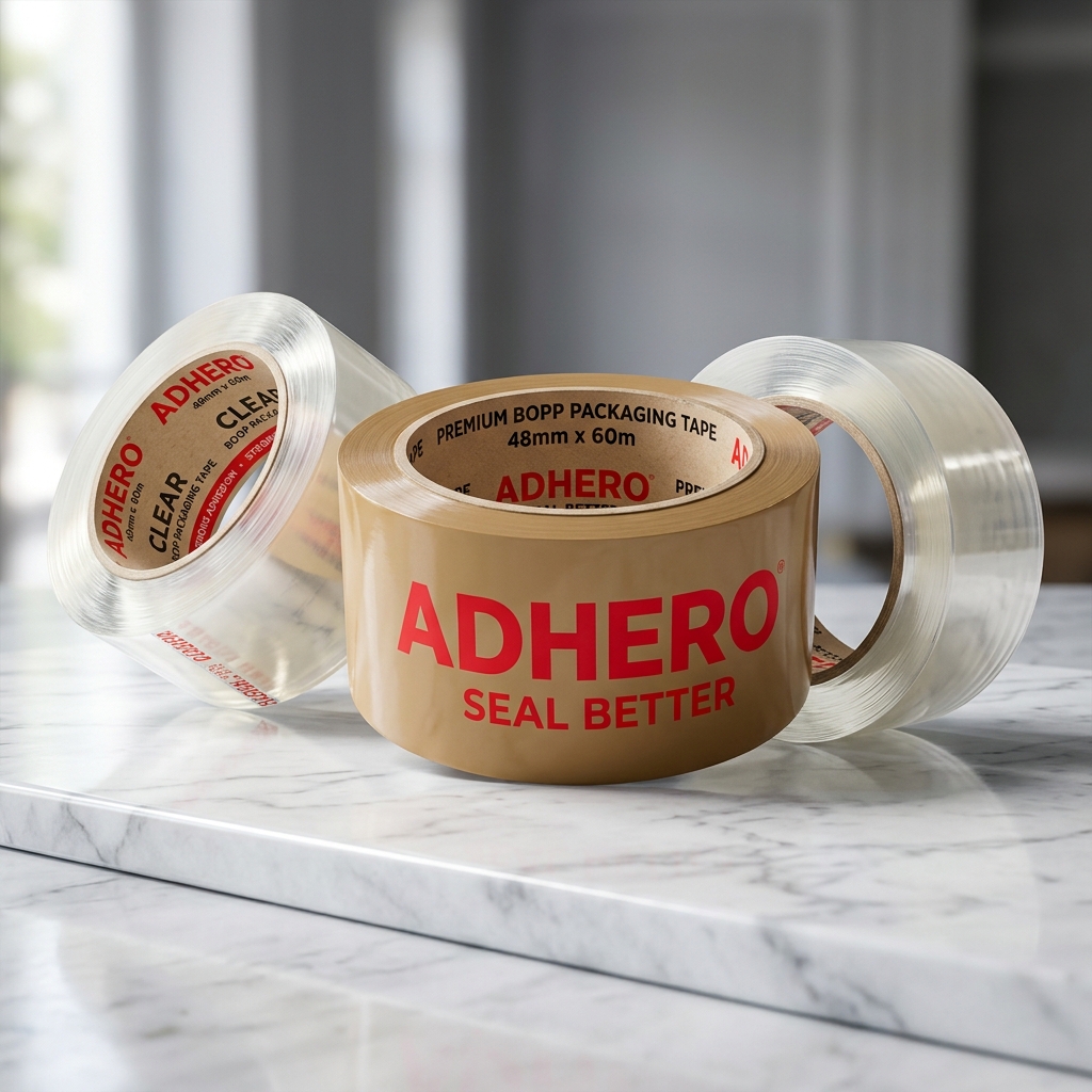 ADHERO BOPP self-adhesive packaging tape rolls — transparent, brown, and printed corporate tapes